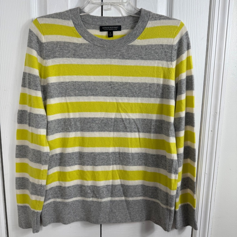 Banana Republic Merino Blend Sweater M Yellow Grey Stripe Preppy Minimalist